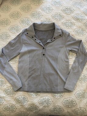 Athleta Long Sleeve Striped Grey Button-Detail Pullover